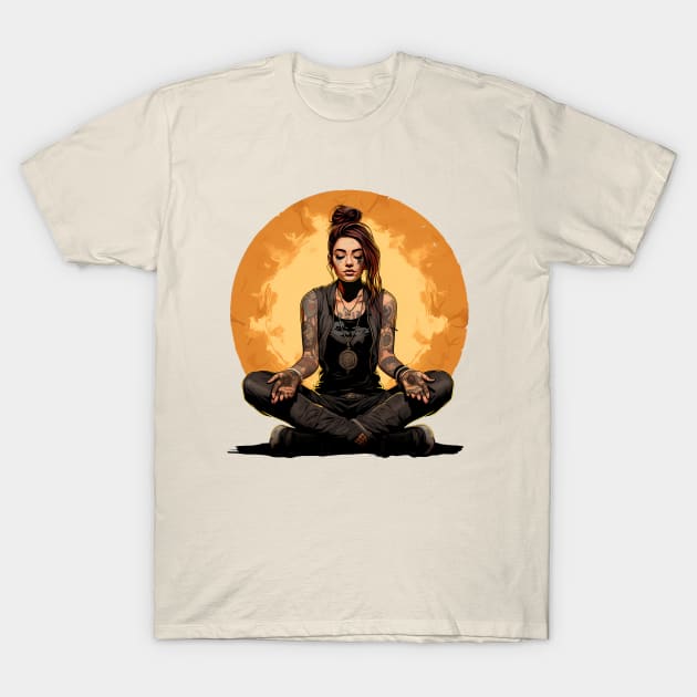 Calm as Hell - Meditating Punk Woman T-Shirt by Wiscariot Art